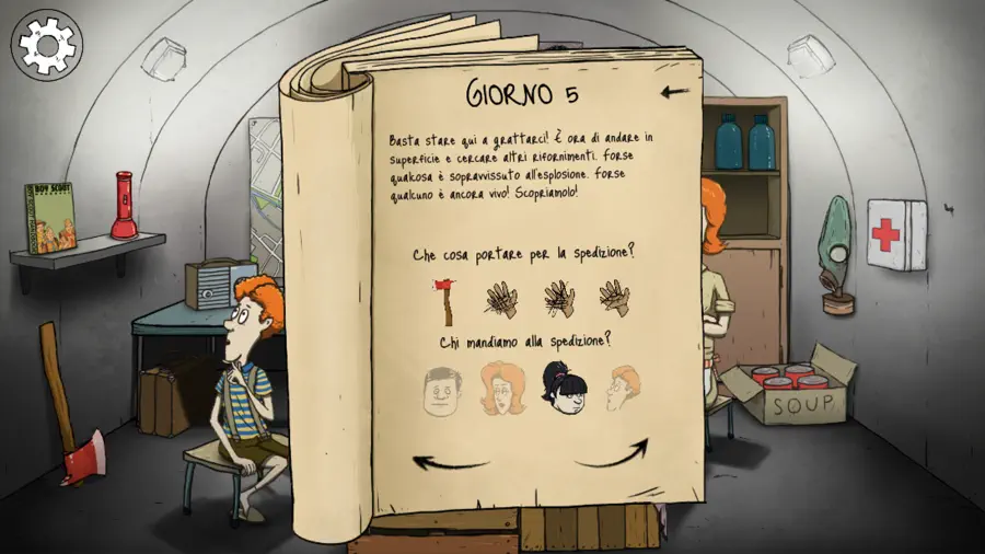 Schermata ufficiale di 60 Seconds! Atomic Adventure dal listino App Store: la famiglia Dolan nel rifugio antiatomico tra le provviste raccolte.