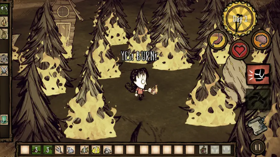 Schermata ufficiale di Don't Starve: Pocket Edition dal listino App Store: il personaggio Wilson di notte accanto al fuoco, circondato dal buio.