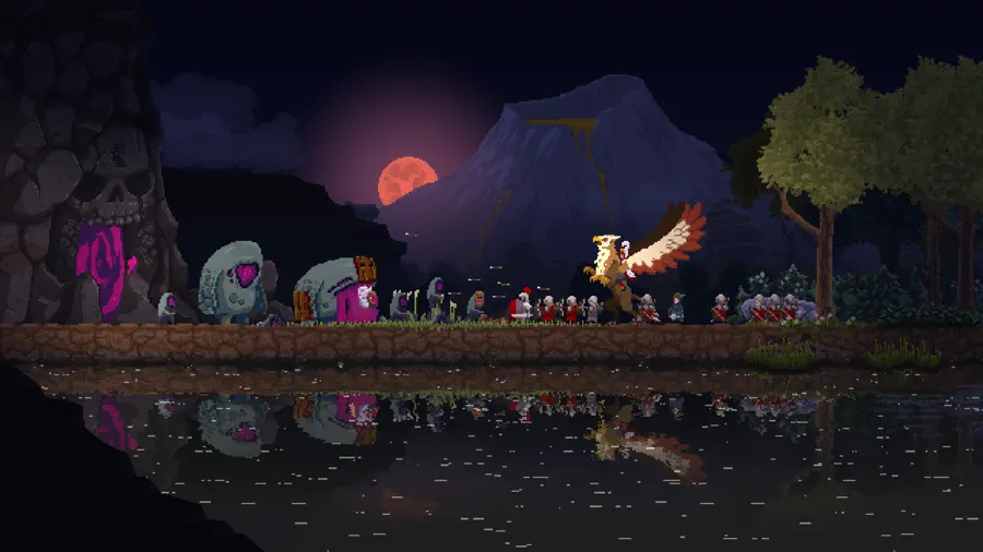 Schermata ufficiale di Kingdom Two Crowns dal listino App Store: la sovrana a cavallo davanti al muro del villaggio al tramonto.