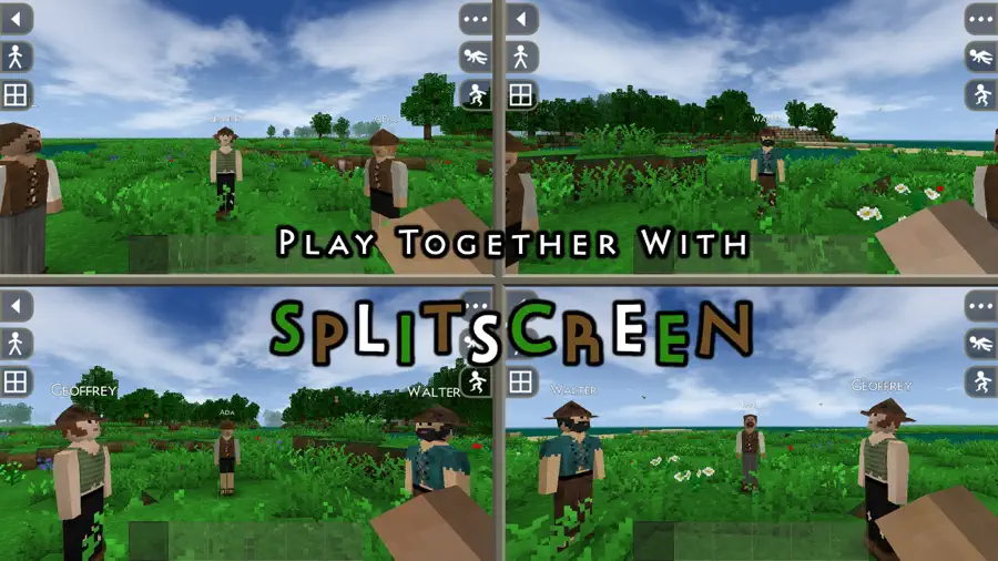 Schermata ufficiale di Survivalcraft 2 dal listino App Store: paesaggio a blocchi con animali e costruzioni del giocatore.