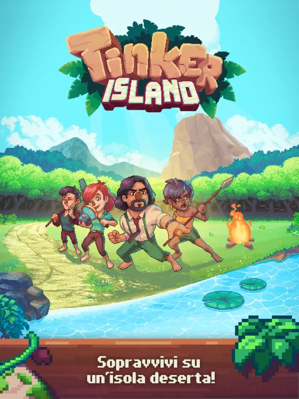 Schermata ufficiale di Tinker Island dal listino Google Play: i quattro naufraghi in pixel-art sulla spiaggia dell'isola, con il logo del gioco e la scritta «Sopravvivi su un'isola deserta».